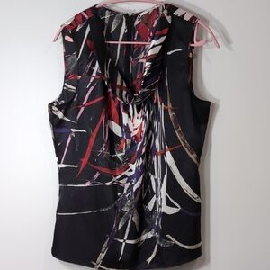 Tahari | Satin-Feel Graphic Sleeveless Blouse in Black and Red Size L